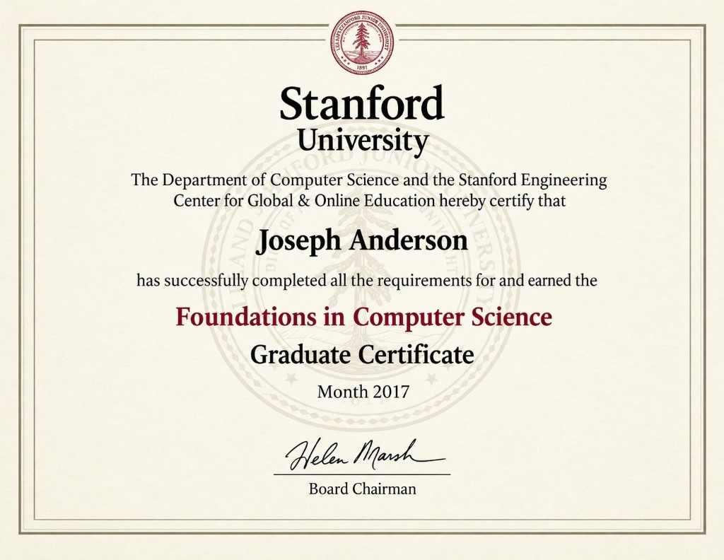 Graduate certificate from Stanford University awarded to Joseph Anderson for Foundations in Computer Science, 2017.